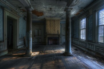 Haunting view of an abandoned mansion's interior, showcasing decay and desolation