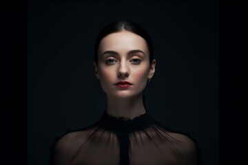 portrait of expressionless young woman with serious posture in front of black background