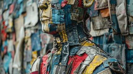 Colorful Recycled Metal Robot Sculpture in Urban Setting. Generative ai