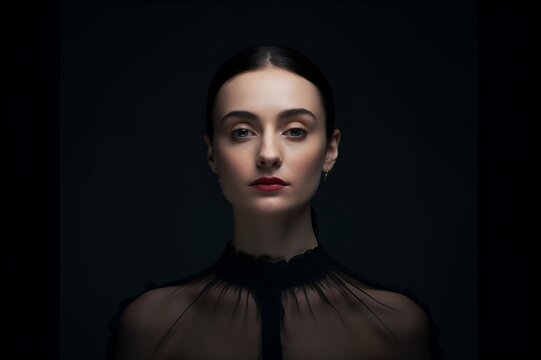 portrait of expressionless young woman with serious posture in front of black background