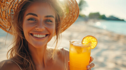 portrait of young smiling woman drinking cocktail on the beach