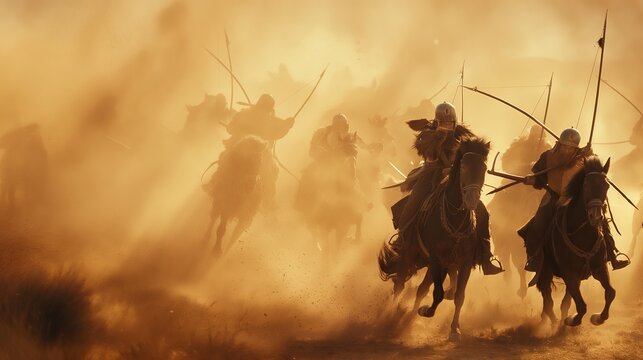 Mongol Cavalry Charge with Warriors on Horseback Thundering Across the Battlefield