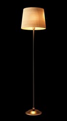 Elegant floor lamp with a beige lampshade illuminating against a black background, perfect for modern home decor or interior design.