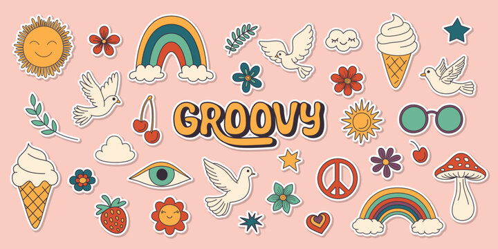 Vector Vintage Groovy Icons, Design Elements for Poster, Sticker Design. Retro Symbol in Hippie 70s Style, Mushroom, Flowers, Eye, Anti-War Peace Symbols. Vector Illustration