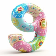 A vibrant and colorful numeral 9 decorated with a pastel springtime theme featuring whimsical patterns, swirls, and floral designs on a light background. Ideal for festive and seasonal design concepts