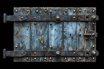 Rustic vintage wooden door with weathered blue paint, adorned with heavy metal hinges and aged textures, perfect for historical themes.
