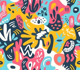 Vibrant and Whimsical Seamless Pattern with Playful Doodle Style Shapes Bold Colors and Expressive Textures