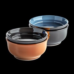 Set of three stacked ceramic bowls in orange, blue, and gray on black background. Perfect for kitchenware and home decor.