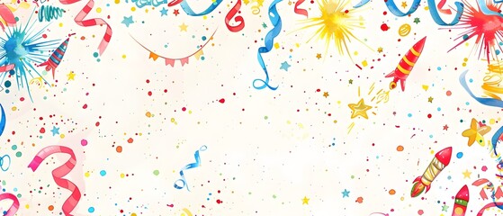 Vibrant Doodle Border Design with Bursting Fireworks and Swirling Streamers for New Year s Day Background or Mock up Message Space
