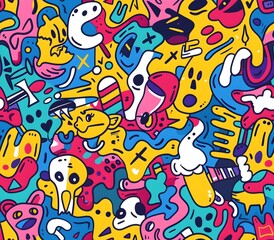 Vibrant Doodle Inspired Seamless Pattern with Dynamic Shapes and Playful Color Scheme