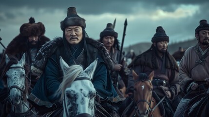 Genghis Khan Leading His Warriors on Horseback in Traditional Mongolian Attire