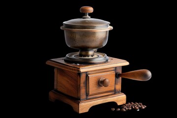 Vintage wooden coffee grinder with beans on black background, showcasing rustic charm and antique craftsmanship in a classic kitchen utensil.