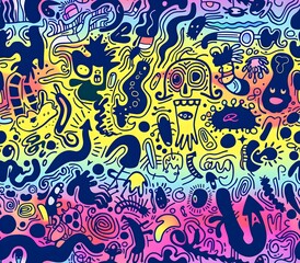 Vibrant Monochrome Doodle Pattern with Rainbow Gradient Backdrop in Whimsical Contemporary Art Style