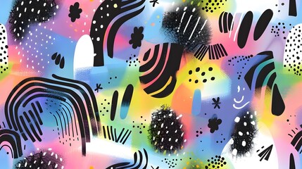 Vibrant Monochrome Doodle Pattern with Rainbow Gradient Backdrop Whimsical of Expressive Brush Strokes Playful Lettering and Imaginative Botanical