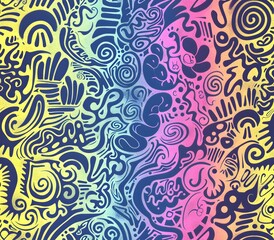 Vibrant Monochrome Doodle Pattern with Rainbow Gradient Backdrop Whimsical Organic of Spiraling Tangles and Biomorphic Forms