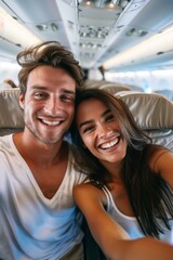 A man and woman are smiling at the camera on an airplane