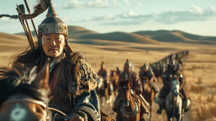 Genghis Khan Leading His Mounted Warriors Across the Steppes