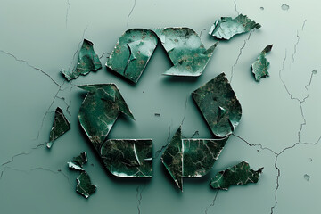 Vintage Broken Green Recycling Symbol on Dark Green and Bright White Background (edited generative AI)