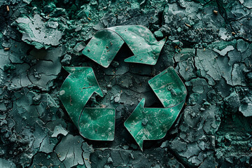 Vintage Broken Green Recycling Symbol on Dark Green and Bright White Background (edited generative AI)