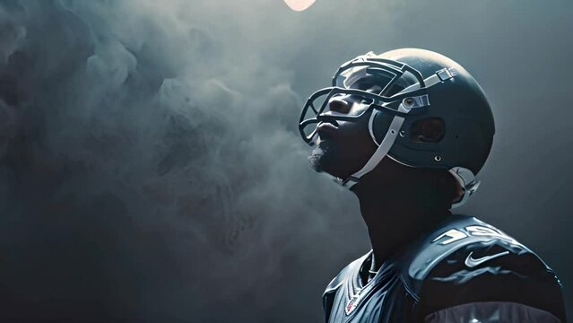 Serious strong athletic African American football player poses in profile, slightly crouched as if ready to spring into action, showing his powerful physique in athletic uniform. Empty copy space