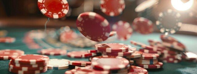 Poker Chips and Cards Scattered on a Table - 4K Wallpaper. This captivating image depicts a table scattered with poker chips and cards, capturing the thrill and excitement of a game of chance. The sce - Powered by Adobe