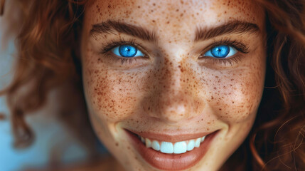 Smiling freckled woman with blue eyes and red hair.