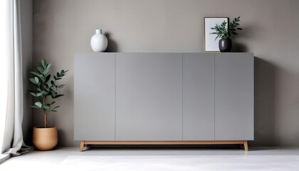 Grey cabinet against wall with copy space. Minimalist interior design of modern living room, home
