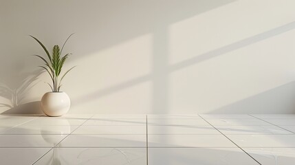  clean, minimalist floor and wall background with white tiles and a neutral wall for a sleek promotion ad.