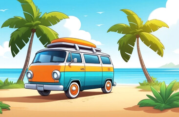 Experience endless summer vibes with this retro camper van on a serene beach surrounded by palm trees