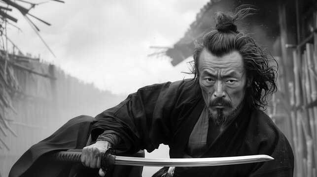 Dynamic Black and White Action Shot of Miyamoto Musashi Wielding a Sword