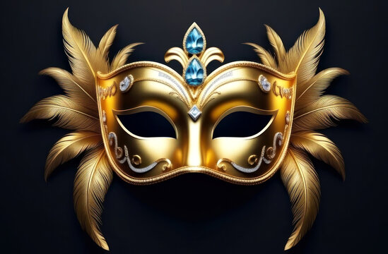 Immerse in the allure of this golden masquerade mask adorned with intricate patterns and vibrant feathers