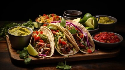 A hearty Mexican taco platter with assorted fillings, salsas, and guacamole 