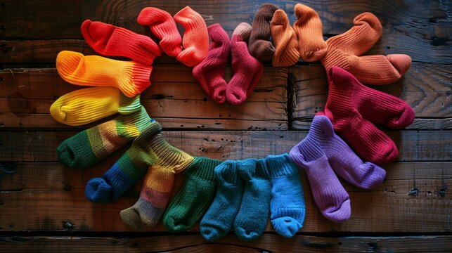 An image of rainbow-colored socks arranged in a heart shape, symbolizing warmth and LGBTQ+ unity