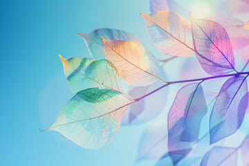 Colorful transparent leaves background, blue sky background, pastel colors, delicate, high-resolution