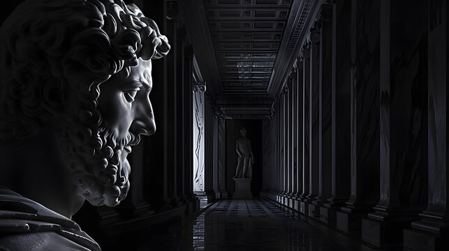 Greek sculpture of an old stoic man, roman god statue, black and white