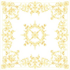 A gold and white patterned square with a diamond in the center. The diamond is surrounded by a floral design