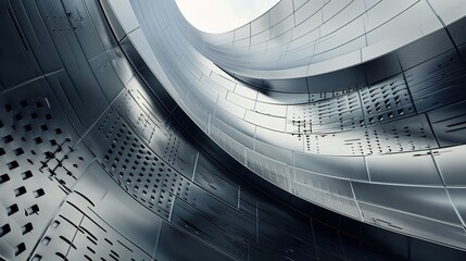 Abstract architectural elements forming intricate patterns on a sleek metallic surface