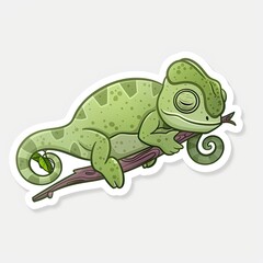 Fototapeta premium Cartoon chameleon sleeping on a branch sticker generated with AI 