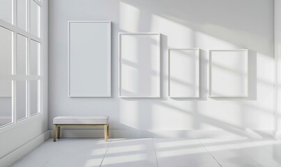 Bright minimalist gallery room with empty picture frames and wooden bench, flooded with soft natural light from large windows.