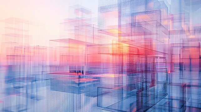 Creative abstract background with architectural wireframe structures and a soft gradient overlay 