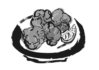 唐揚げの手書き和風イラスト　モノクロ