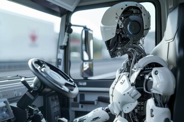 Robot Driving Truck on Highway, Autonomous Transportation