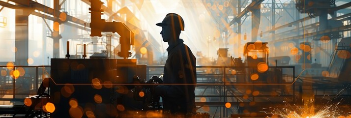 Silhouette of factory worker blends with heavy machinery and sparks in a dynamic banner image, Created with Generative AI.