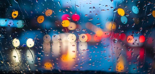 Wet window with colorful bokeh car lights, rainy city night.