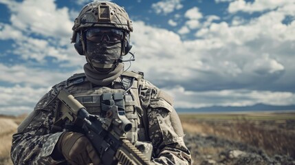 A soldier in a desert setting with a rifle and a helmet