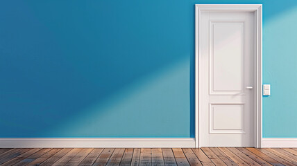 A white door on the wall of blue color with a wooden floor