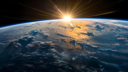 Beautiful view of planet Earth from space with the sun rising