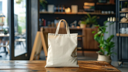 beige tote bag mockup on a wooden table in a coffee shop