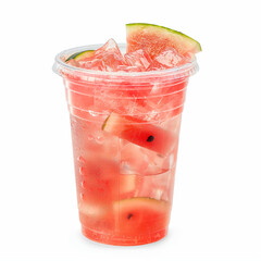 Watermelon soda water with large pieces of watermelon and ice cubes floating in the glass.