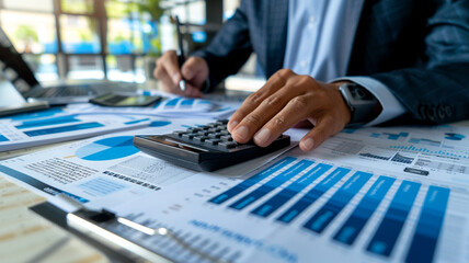 Close up of a businessman using a calculator to estimate figures on professional financial documents and a data graph on a desk in an office